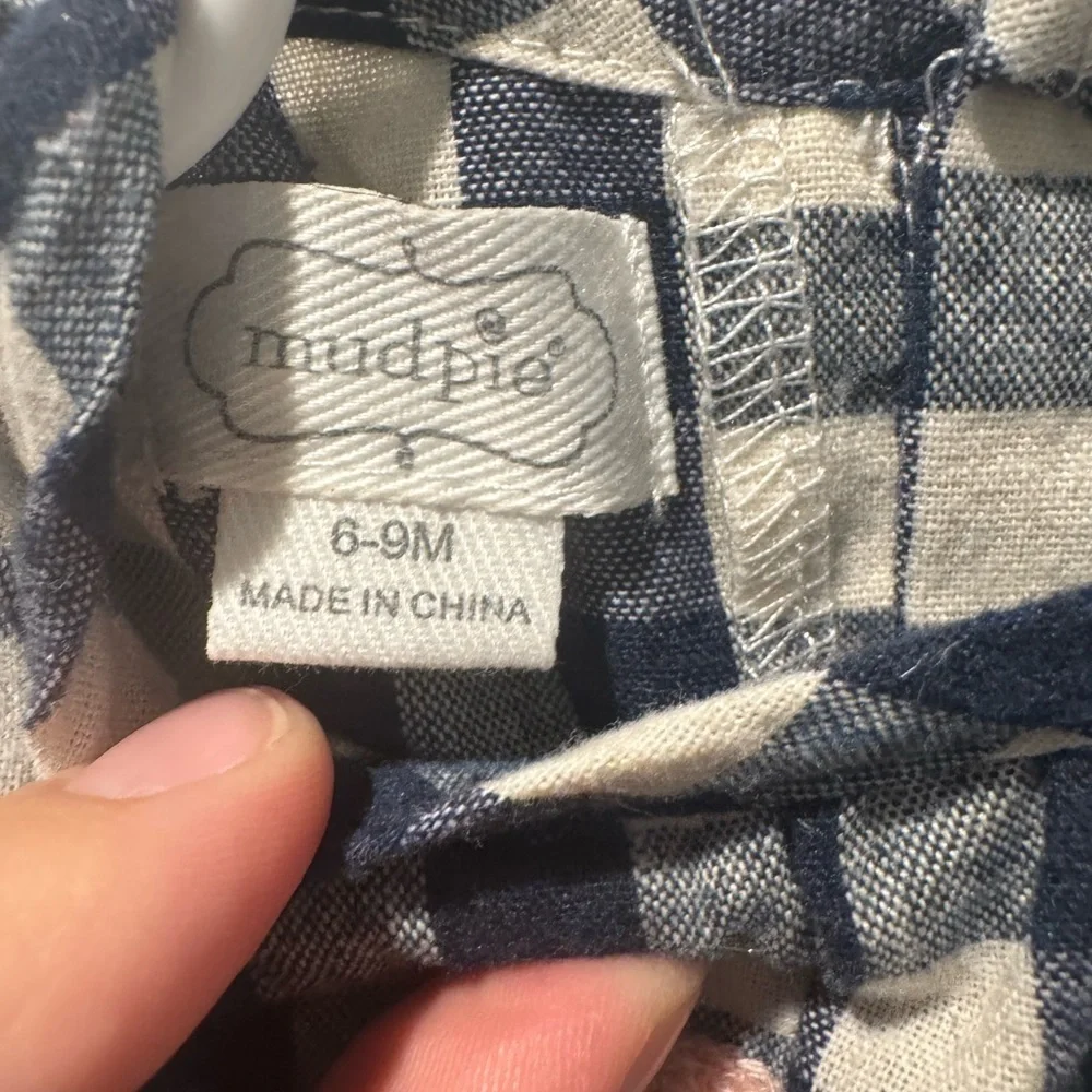 Mud Pie Gingham Plaid Navy & White Polka Dot Detail Long Sleeve One Piece 6-9M